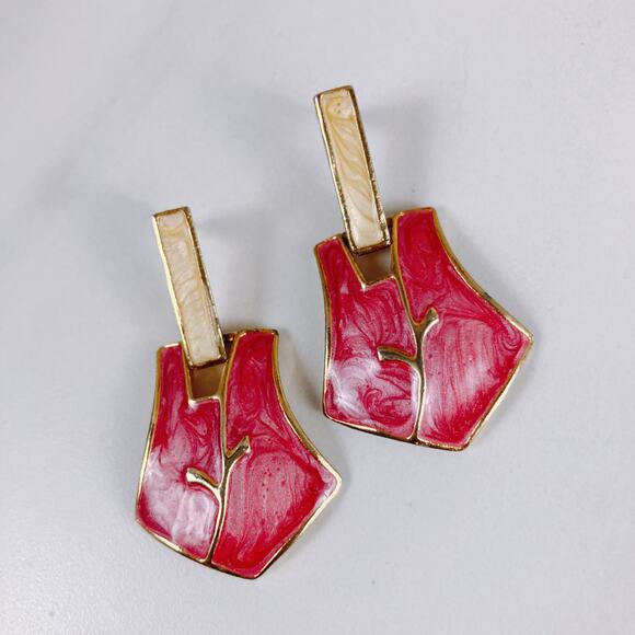 VTG 1980s Marbled Pink Enamel Geometric Statement Earrings Gold Tone Hinged - Picture 7 of 10